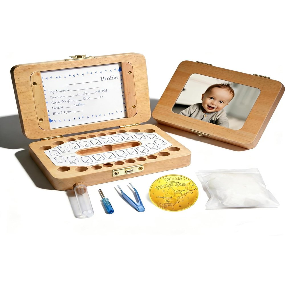 Tooth Fairy Tooth Holder, Handcrafted Natural Wood Storage Box with Fairy Gold Coin, Ideal for Baby Teeth Umbilical Cord Lanugo, Odorless Non-toxic Keepsake Organizer for Lost Teeth (Middle)
