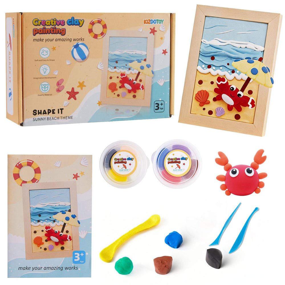 DIY Picture Frame Clay Art Kit for Kids - Beach Theme Air Dry Clay Set with Wooden Frame, Tools & Tutorial Cards, Creative Arts and Crafts Gift Set for Children Ages 3+