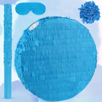 Adecortalk Blue Round Blank Pinata Circle Folding Pinata with Bat Stick Blindfold Confetti for Kids Birthday Wedding Celebration Baby Shower Carnival Party Supplies,13 x 13 x 3.15 Inches