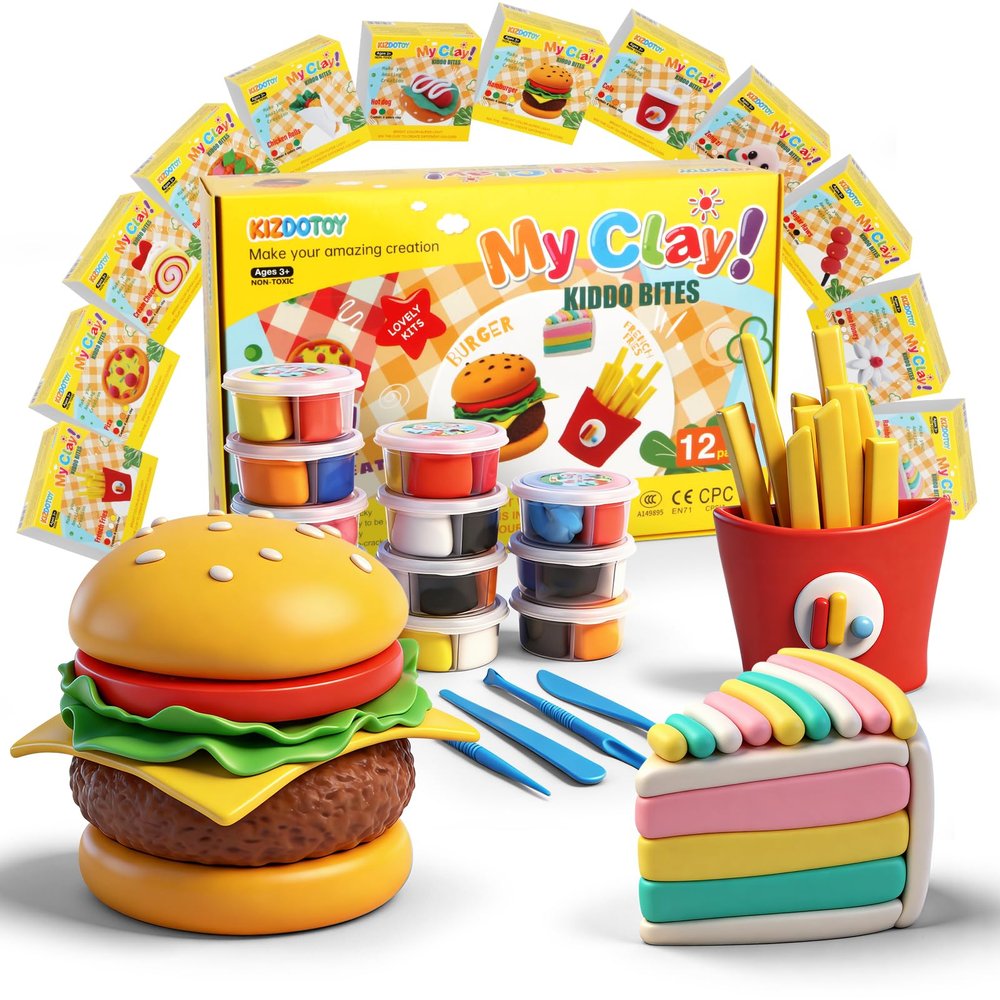 12 Packs Food Modeling Clay Kit for Kids - DIY Air Dry Clay Set with Tools & Tutorials, Make Pizza, Burger, Fries & More, Non-Sticky Clay Art Set, Creative Gift for Boys & Girls 3+