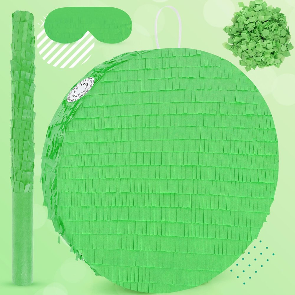 Adecortalk Green Round Blank Pinata Circle Folding Pinata with Bat Stick Blindfold Confetti for Kids Birthday Wedding Celebration Baby Shower Carnival Party Supplies,13 x 13 x 3.15 Inches