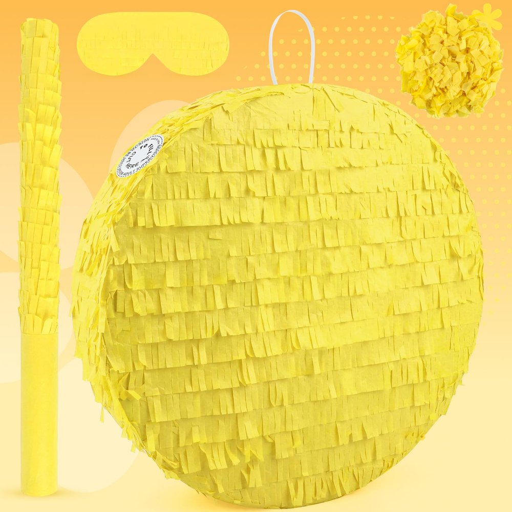 Adecortalk Yellow Round Blank Pinata Circle Folding Pinata with Bat Stick Blindfold Confetti for Kids Birthday Wedding Celebration Baby Shower Carnival Party Supplies,13 x 13 x 3.15 Inches