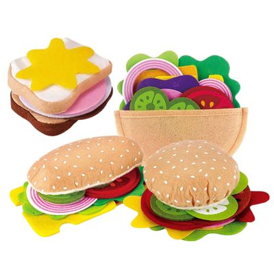 28PCS/Set Felt Play Food Hamburger Sandwich Stacking Toy with Beef Steak Vegetables Pretend Play Food for Kids Kitchen