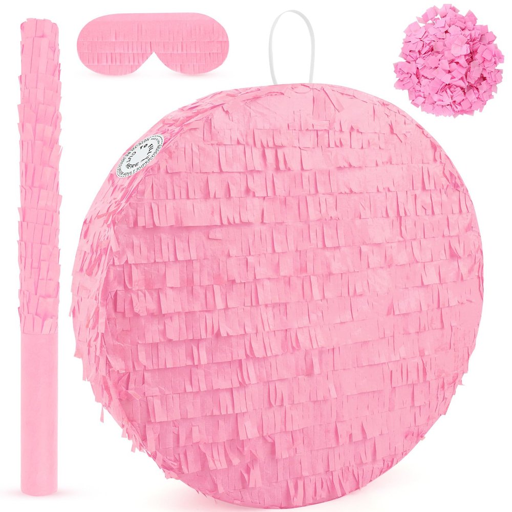 Adecortalk Pink Round Blank Pinata Circle Folding Pinata with Bat Stick Blindfold Confetti for Kids Birthday Wedding Celebration Baby Shower Carnival Party Supplies,13 x 13 x 3.15 Inches