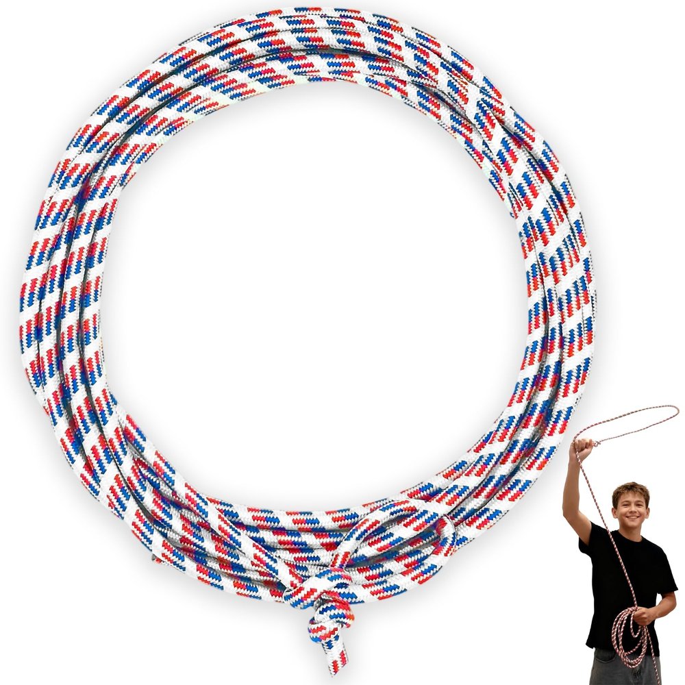 Cowboy Lasso Rope for Kids with Pre-Tied Loop, 20' - 9mm Unwaxed Lariat Roping Rope Toy for Indoor Outdoor Western Play & Costume Prop (Red Blue)