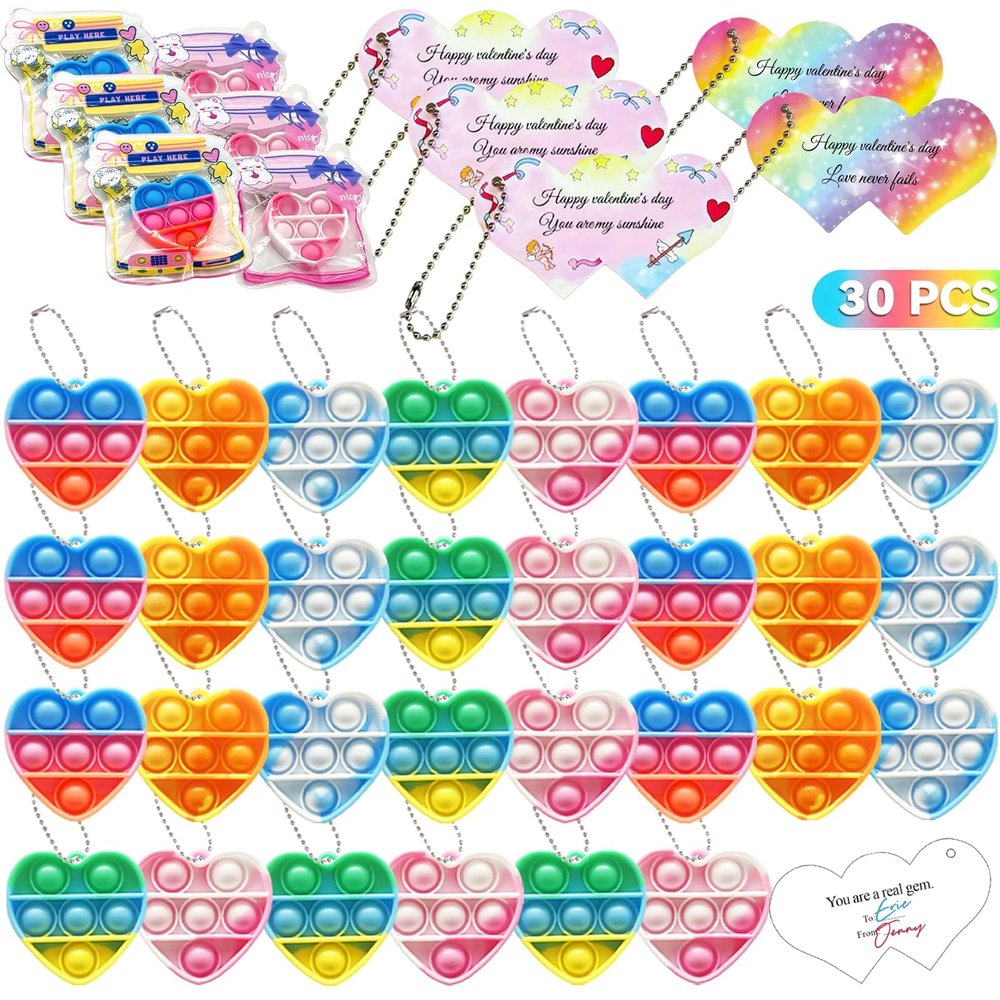 30 Packs Kids Valentines Day Gifts for School Pop Fidget Toys with Valentines Cards for Kids Classroom,Mini Sensory Valentines Day Cards Party Favors,Classroom Must Haves Gift Exchange Bulk Gift