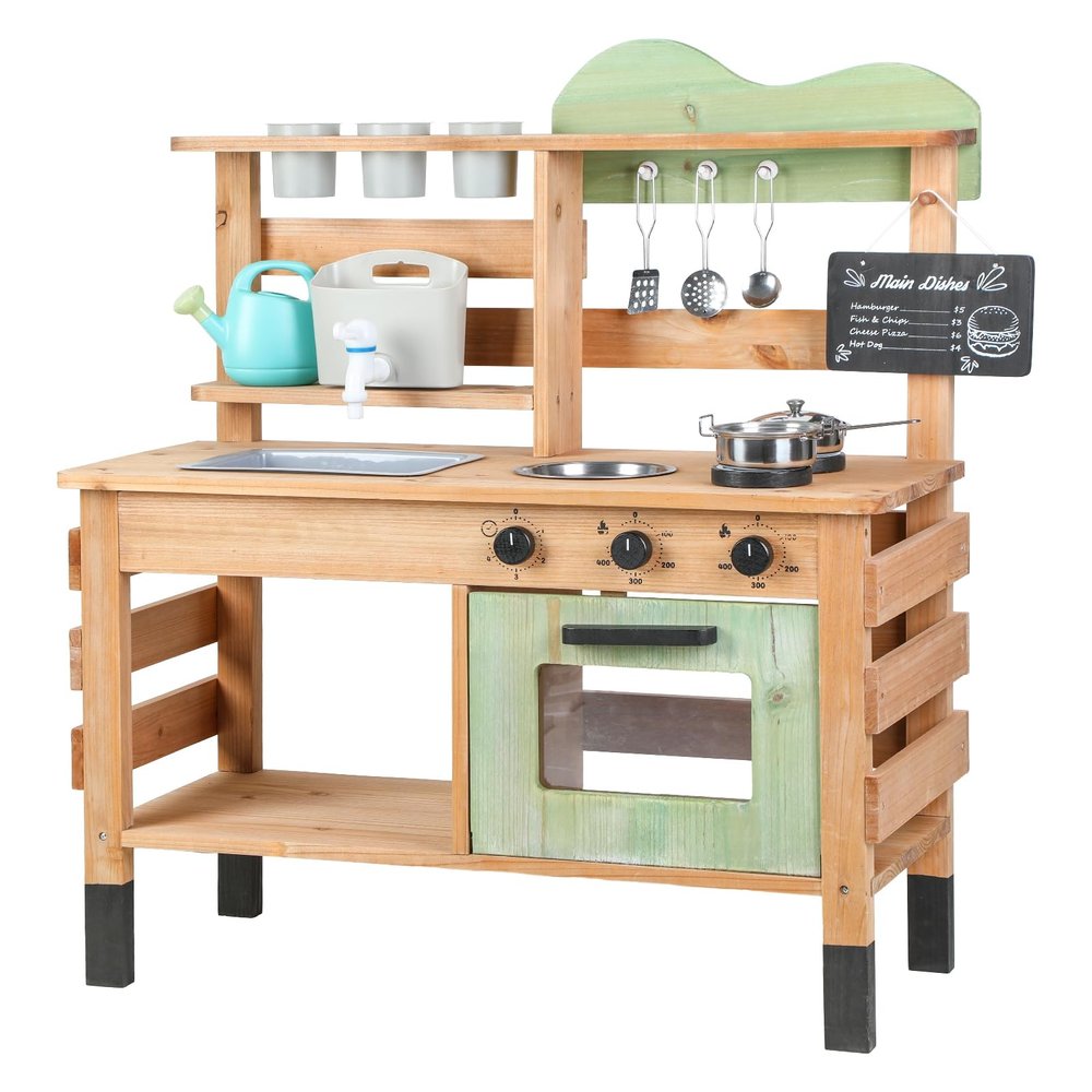 GIFZES Mud Kitchen for Kids Outdoor, Outdoor Wooden Pretend Play Kitchen Set with Stoves, Removable Sink, Faucet, Blackboard, Cooking Accessories, Backyard Garden Toddler Kitchens Playset Burlywood