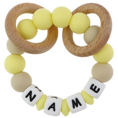 Personalized Baby Rattle Teether with Name, Customized Grasping Activity Shaker Grab Rattles, Early Educational Toys with Wood Teething Rings for Newborn Infant Toddler (Yellow)