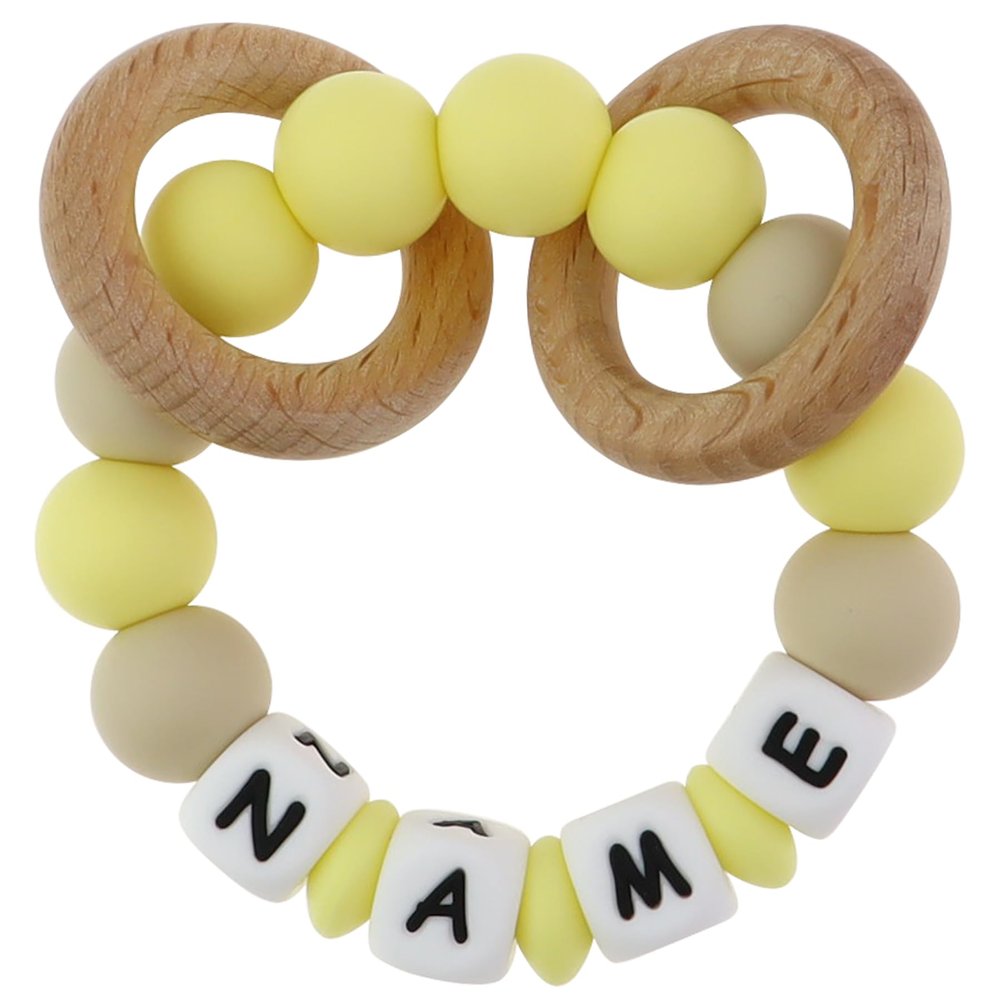 Personalized Baby Rattle Teether with Name, Customized Grasping Activity Shaker Grab Rattles, Early Educational Toys with Wood Teething Rings for Newborn Infant Toddler (Yellow)