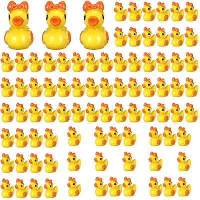 Geelin 100 Pcs Mini Resin Cheer Ducks Gifts Bulk Tiny Duck Figurines with Bows and Pom Pom for Cheerleader Team Gift DIY Decoration Craft(Orange)