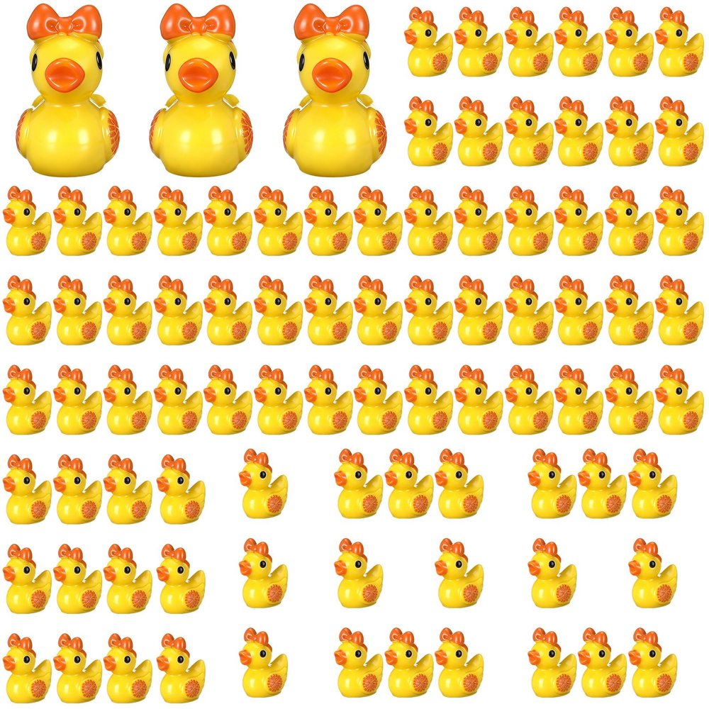 Geelin 100 Pcs Mini Resin Cheer Ducks Gifts Bulk Tiny Duck Figurines with Bows and Pom Pom for Cheerleader Team Gift DIY Decoration Craft(Orange)