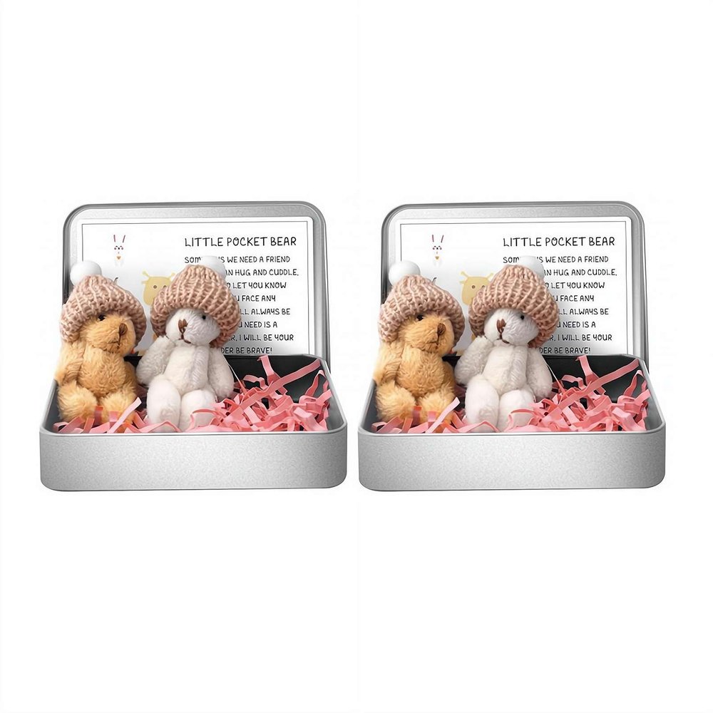 2 Pcs Little Pocket Bear Hug in a Tin Box,Worry Bear Hug in a Box Mini Plush Bears Set with Inspirational Card,Handmade Mini Plush Bears in Boxs for Kids Friends Women Men