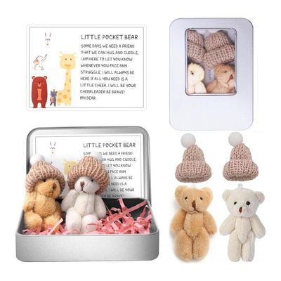2 Pcs Little Pocket Bear Hug in a Tin Box,Worry Bear Hug in a Box Mini Plush Bears Set with Inspirational Card,Handmade Mini Plush Bears in Boxs for Kids Friends Women Men