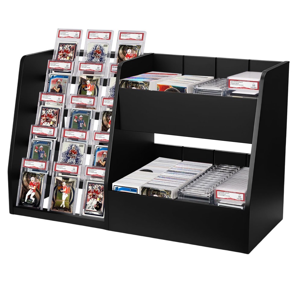 5-Tier Trading Card Display Case Stand- Holds Up to 200 Cards,Wood Sports Graded Card Display,Card Stand for Sports Baseball Cards,Card Game Collection & Show