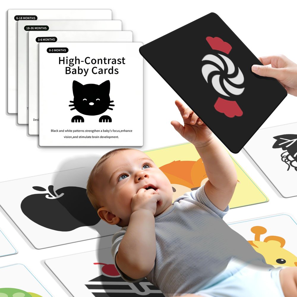 4 Packs in 1, Large 8.3"8.3" 160 Pages High Contrast Baby Cards for Infants 0-36 Months, Safety Visual Stimulation Black and White Card for Newborns, High Contrast Baby Cards