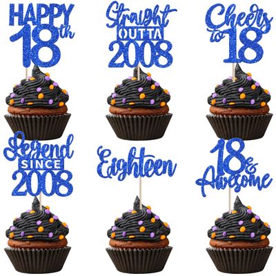 24PCS Blue Happy 18th Birthday Cupcake Toppers Eighteen Straight Outta 2008 Cupcake Picks Cheers to 18 Lengend Since 2008 Cake Decorations for 18th Birthday Anniversary Party Decorations Supplies