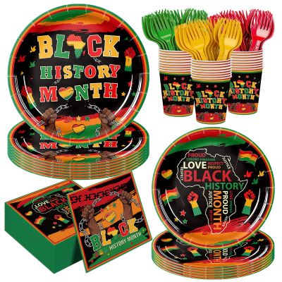 120pcs Black History Month Decorations Disposable Paper Plates Napkins Supplies Tableware Set Cutlery Dinnerware for Juneteenth Freedom Day Party Serve 24 Guests
