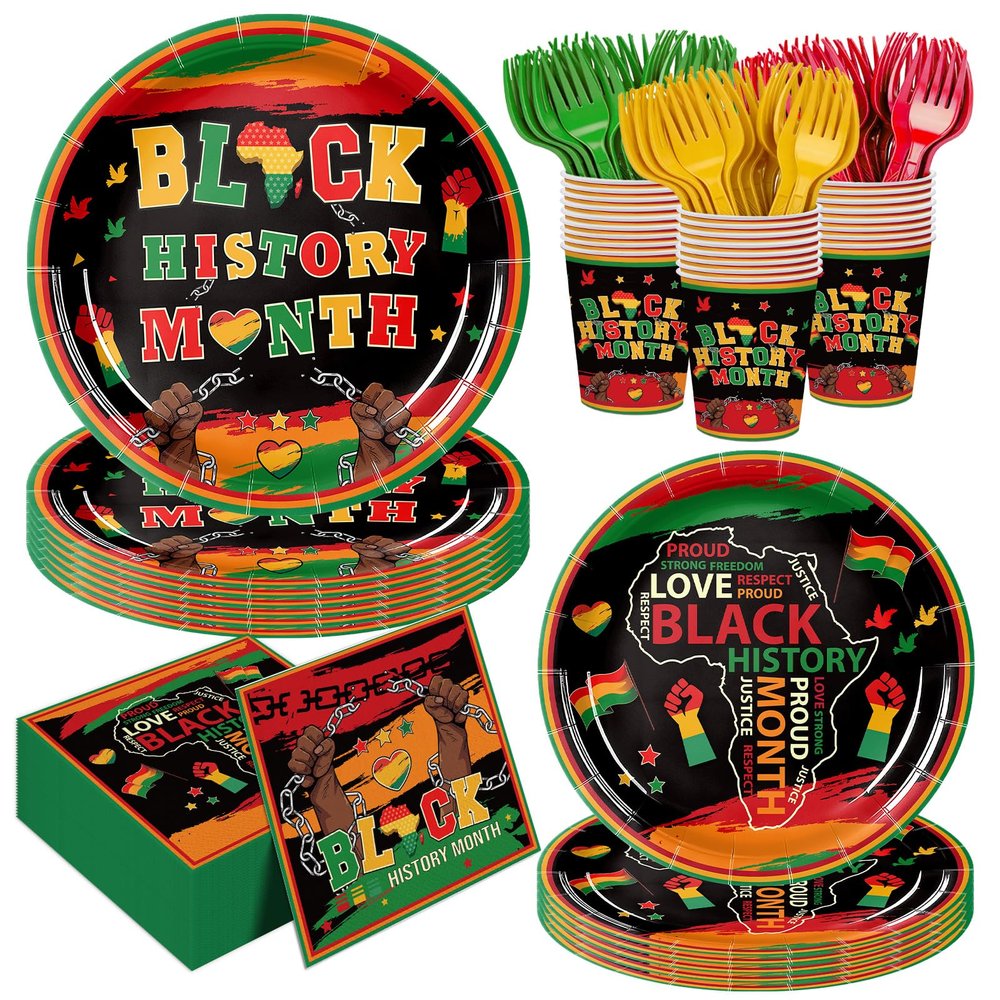 120pcs Black History Month Decorations Disposable Paper Plates Napkins Supplies Tableware Set Cutlery Dinnerware for Juneteenth Freedom Day Party Serve 24 Guests