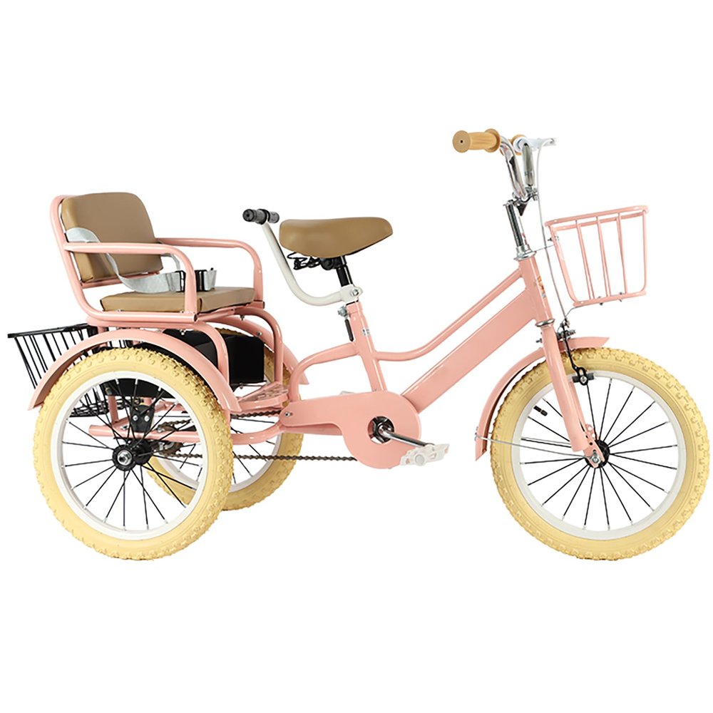 JIYIAN Pink,20 inches,Child Double Seats,Tricycle with Basket Adjustable Handle Steel 3 Wheel Cruiser Trikes, Ideal Gift for Kids