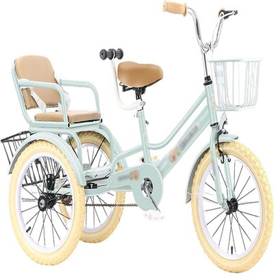 JIYIAN Green,20 inches,Child Double Seats,Tricycle with Basket Adjustable Handle Steel 3 Wheel Cruiser Trikes, Ideal Gift for Kids