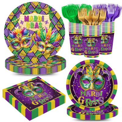 120pcs Mardi Gras Paper Plates Napkins Party Supplies Tableware Set Disposable Cup Dinnerware Set for New Orleans Carnival Party Serve 24 Guests