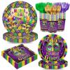 120pcs Mardi Gras Paper Plates Napkins Party Supplies Tableware Set Disposable Cup Dinnerware Set for New Orleans Carnival Party Serve 24 Guests view 1