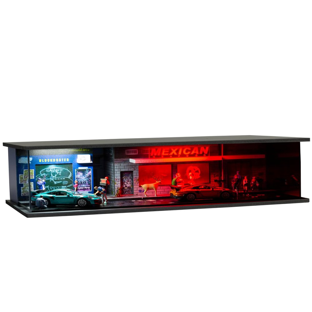 1/64 Scale Display Case Car Garage Moldel, Cyberpunk Style Acrylic Cover Diecast Car Show Case with LED Light 2 Parking Spaces for Toy Car Display and Storage (Vehicles Not Included) 07