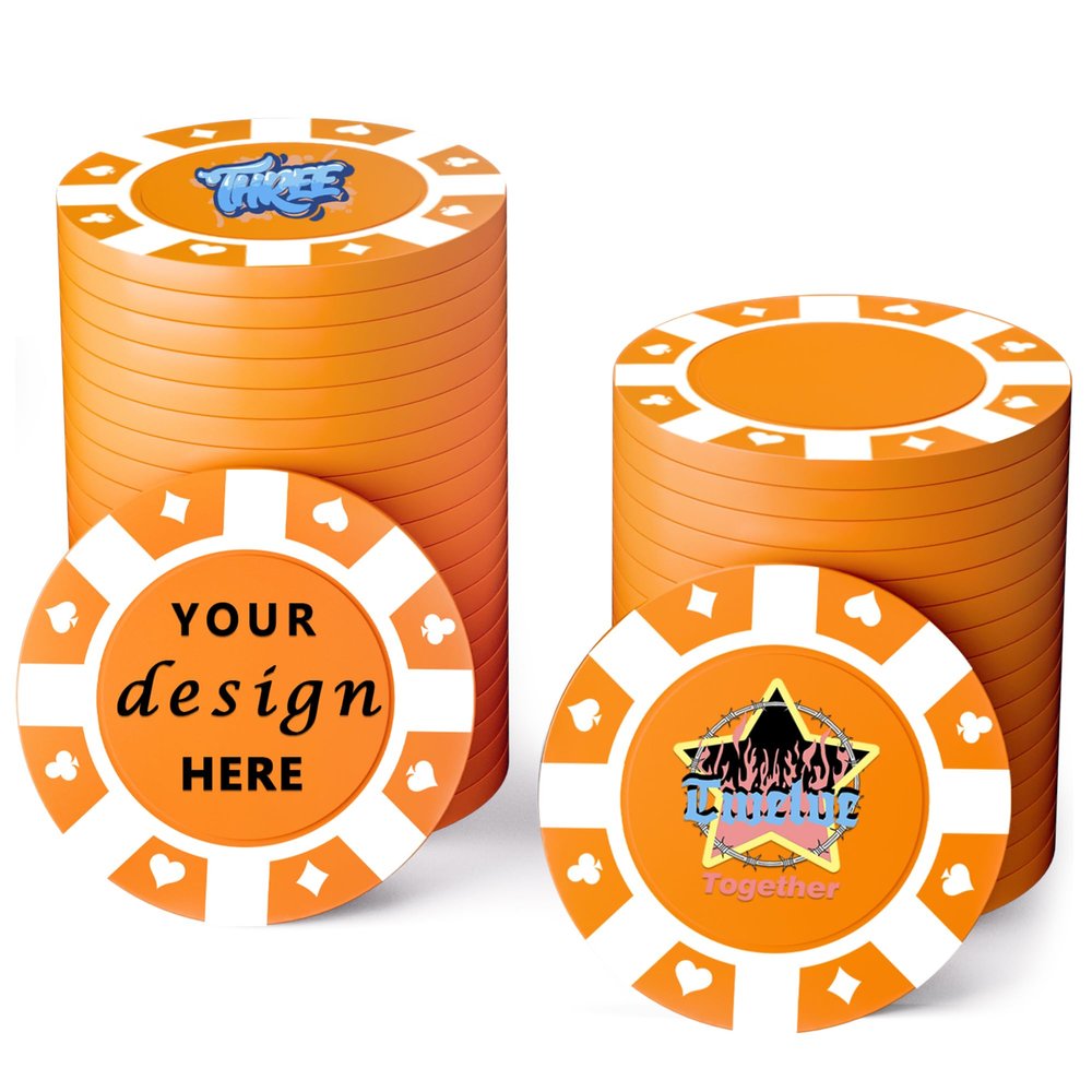100 Custom Plastic Poker Chips,Personalized with Your Logo,Image and Text,9 Colors,Double Sided Full Color Printing,Drink Chips for Bar,Business Cards,Event/Promotional Giveaways Gifts (Orange)