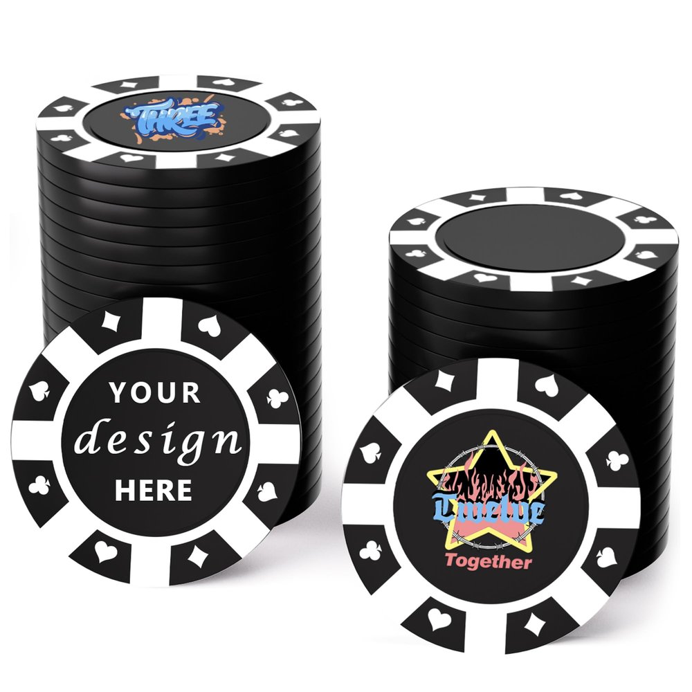 100 Custom Plastic Poker Chips,Personalized with Your Logo,Image and Text,9 Colors,Double Sided Full Color Printing,Drink Chips for Bar,Business Cards,Event/Promotional Giveaways Gifts (Black)