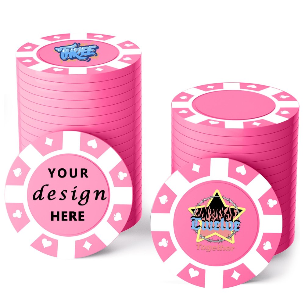 100 Custom Plastic Poker Chips,Personalized with Your Logo,Image and Text,9 Colors,Double Sided Full Color Printing,Drink Chips for Bar,Business Cards,Event/Promotional Giveaways Gifts (Pink)