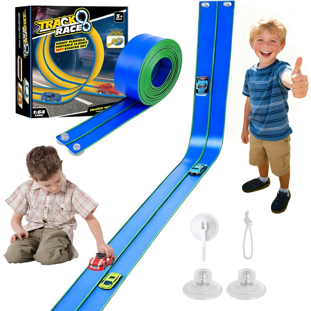 Flexible Race Track for Kids with Suction Cups, 15 Ft Flex Race Car Ramp Track Compatible with Diecast 1/64th Cars Long Rolls Up Portable Racetrack Birthday for Boys Girls Ages 3+