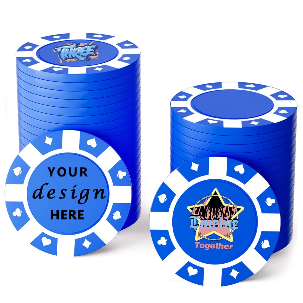 100 Custom Plastic Poker Chips,Personalized with Your Logo,Image and Text,9 Colors,Double Sided Full Color Printing,Drink Chips for Bar,Business Cards,Event/Promotional Giveaways Gifts (Blue)