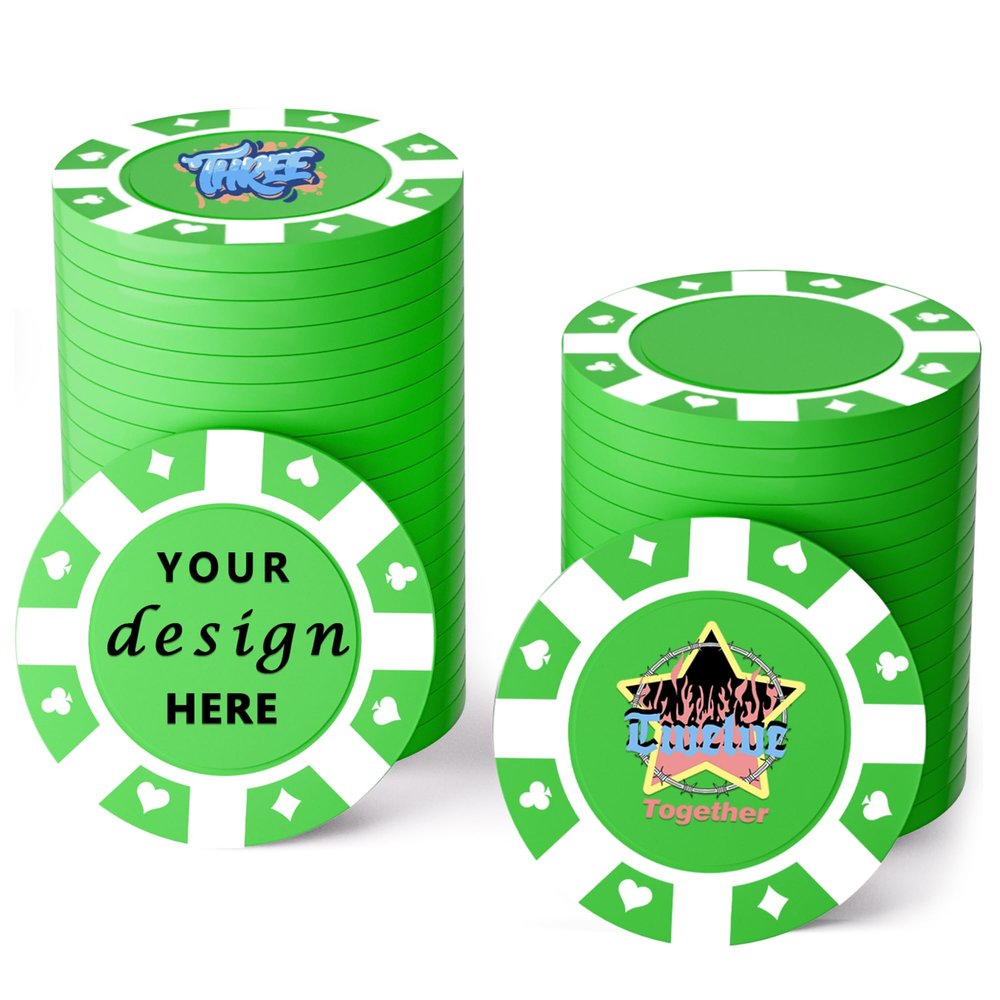 100 Custom Plastic Poker Chips,Personalized with Your Logo,Image and Text,9 Colors,Double Sided Full Color Printing,Drink Chips for Bar,Business Cards,Event/Promotional Giveaways Gifts (Green)