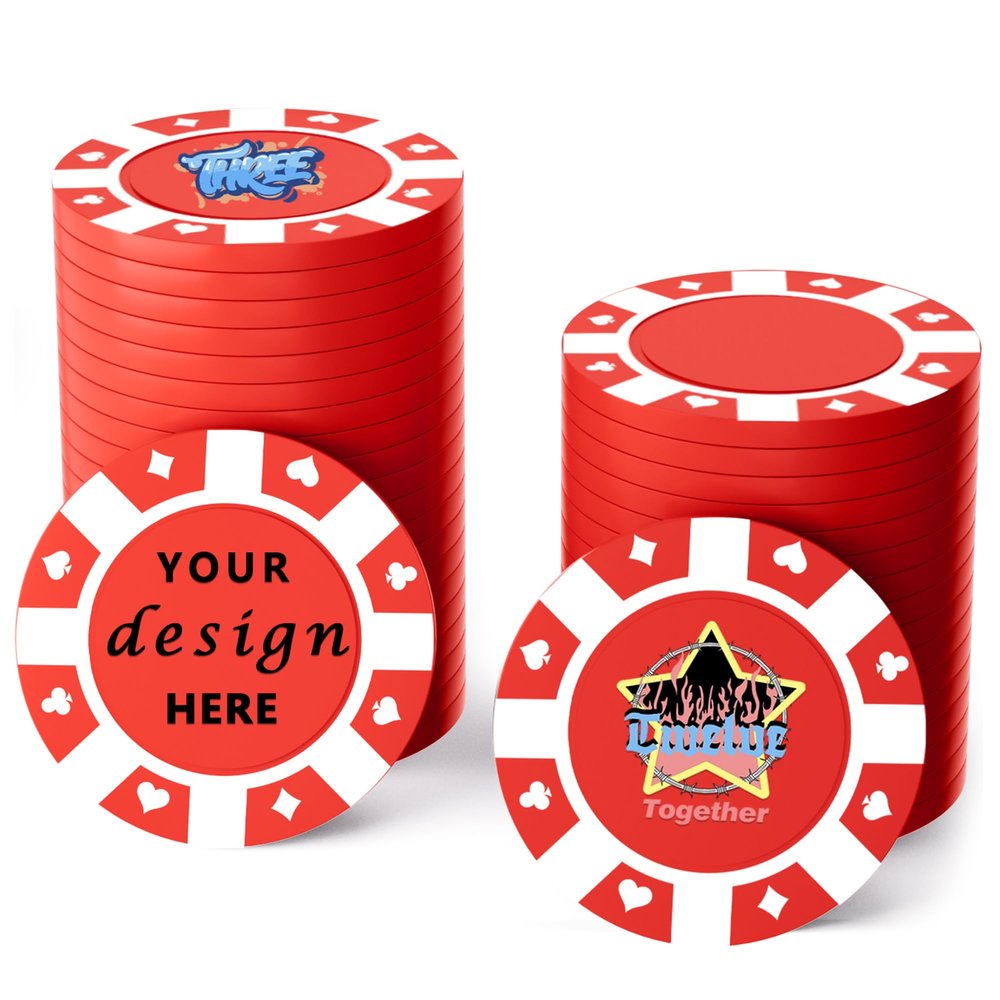 100 Custom Plastic Poker Chips,Personalized with Your Logo,Image and Text,9 Colors,Double Sided Full Color Printing,Drink Chips for Bar,Business Cards,Event/Promotional Giveaways Gifts (Red)