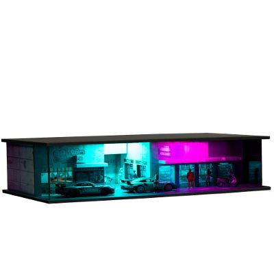 1/64 Scale Display Case Car Garage Moldel, Cyberpunk Style Acrylic Cover Diecast Car Show Case with LED Light 2 Parking Spaces for Toy Car Display and Storage (Vehicles Not Included) 05