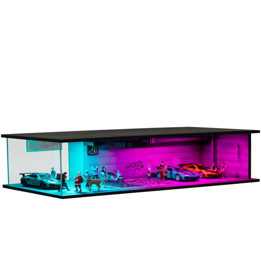 1/64 Scale Display Case Car Garage Moldel, Cyberpunk Style Acrylic Cover Diecast Car Show Case with LED Light 2 Parking Spaces for Toy Car Display and Storage (Vehicles Not Included) 06