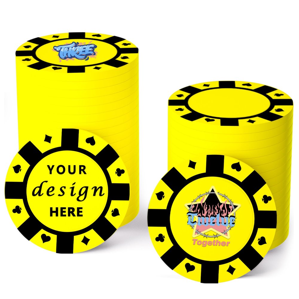 100 Custom Plastic Poker Chips,Personalized with Your Logo,Image and Text,9 Colors,Double Sided Full Color Printing,Drink Chips for Bar,Business Cards,Event/Promotional Giveaways Gifts (Yellow)