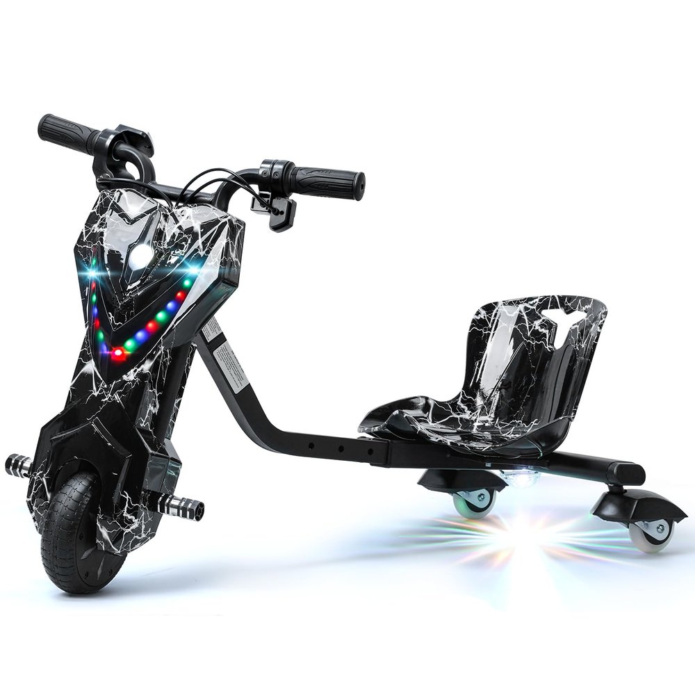Electric Drift Trike for Kids 8-14, 12V Electric Ride-On Tricycle with 360 Drifting, Adjustable Seat & 9 MPH Max Speed, Big Wheel Kids Tricycle with Front Brake (Black White)