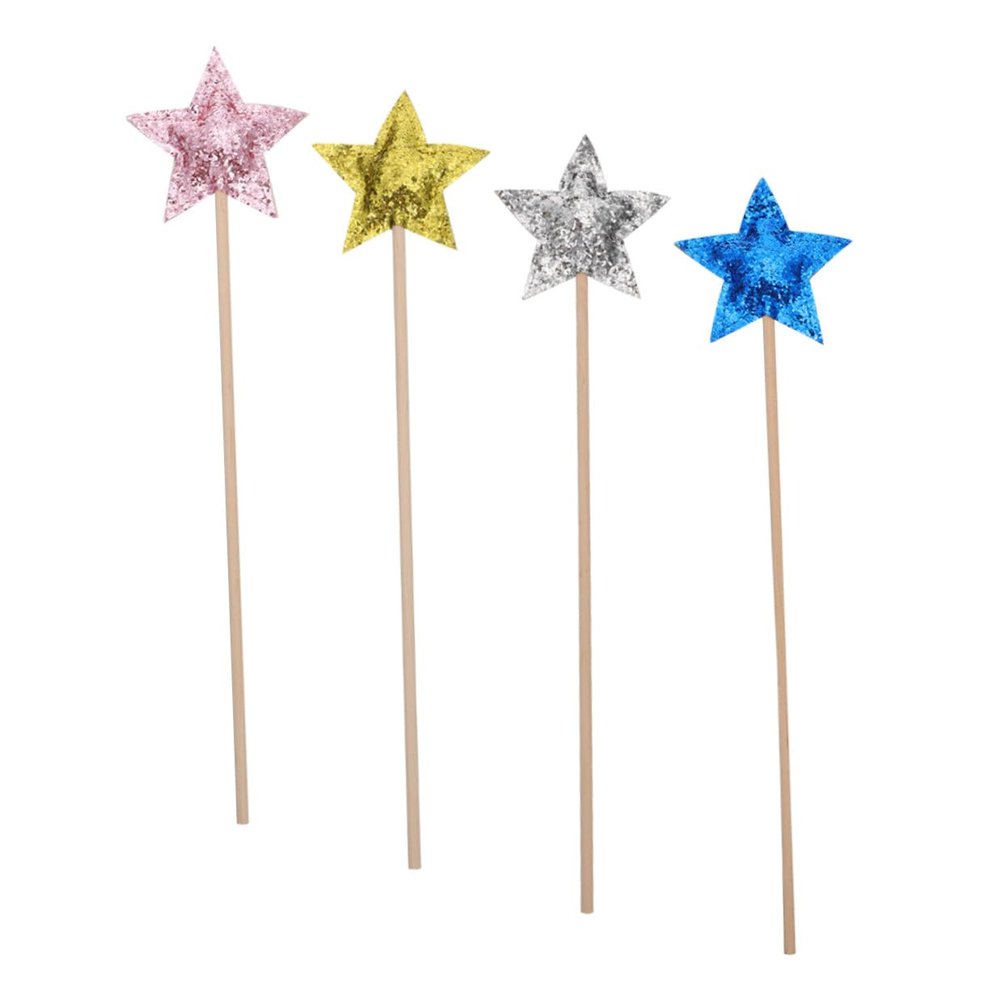 GLSTOY 4pcs Star Topper Fairy Wands Lightweight Cloth Wood Cosplay Party Props for Birthday Halloween Festival Playtime Enchantment Stick