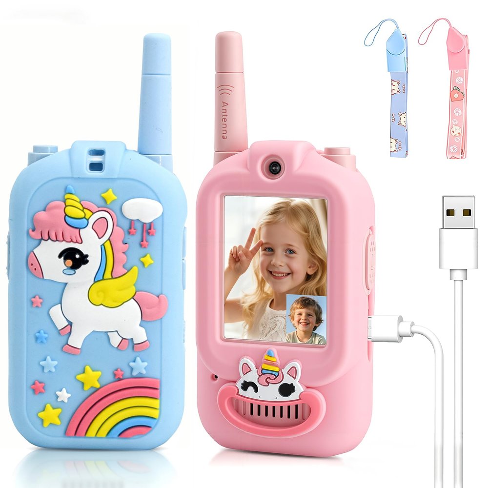 Video Walkie Talkies for Kids, 2 Pack Rechargeable Walkie Talkies with Screen, 1000 Feet Range, Toys for Indoor, Camping, Hiking, Travel Birthday for Boys and Girls Ages 3-12 (Silicone Protector)
