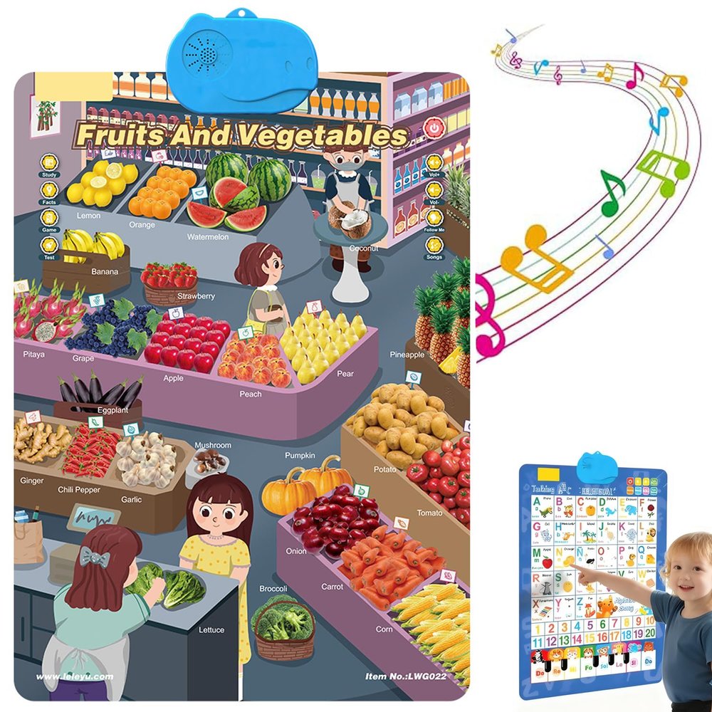 2025 New Talking Wall Chart for Kids  English & Spanish Learning Poster with Songs, ABCs, Numbers, Animal Words & Piano, Electronic Alphabet Wall Chart for Toddler 1-6 Year Old (Fruits)