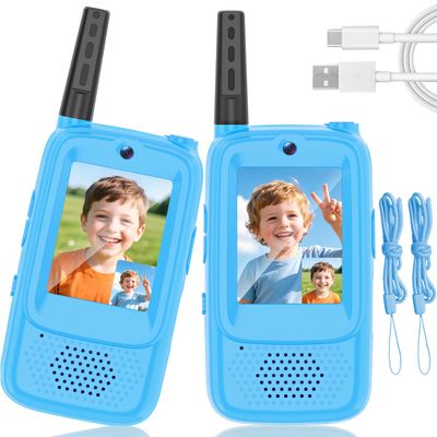 Video Walkie Talkies for Kids, 2 Pack Rechargeable Kids Walkie Talkies Long Range Outdoor Christmas Birthday Toddler Toys Gifts for 3-12 Year Old Boys Girls for Outside, Camping, Travel, Hiking, Blue