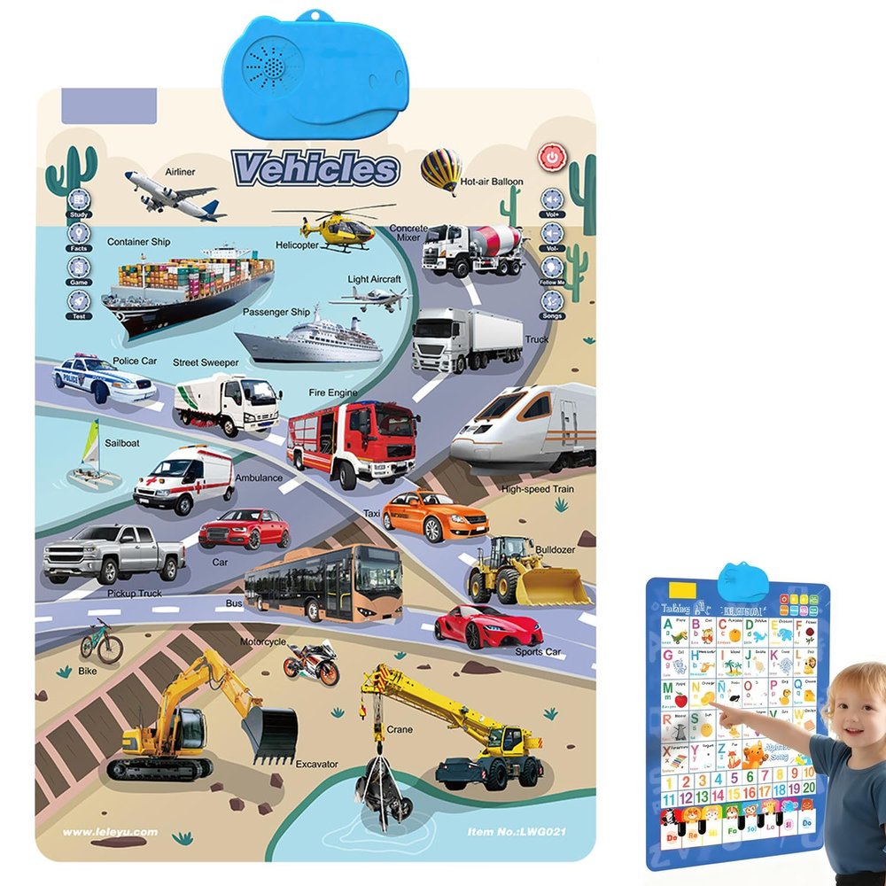 2025 New Talking Wall Chart for Kids  English & Spanish Learning Poster with Songs, ABCs, Numbers, Animal Words & Piano, Electronic Alphabet Wall Chart for Toddler 1-6 Year Old (Transportation)