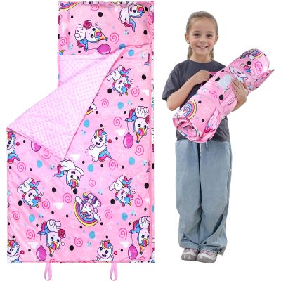 Toddler Nap Mat with Pillow and Minky Blanket, Large 54.7''x33.4'' Kids Sleeping Bag, Washable, Roll up, Sleeping Mat for Boys & Girls, for Daycare Preschool, Kindergarten, CampingUnicorn