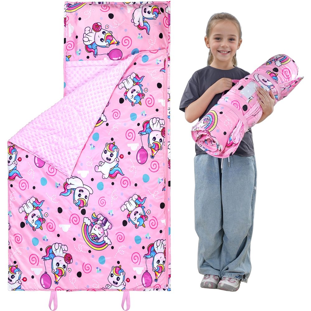 Toddler Nap Mat with Pillow and Minky Blanket, Large 54.7''x33.4'' Kids Sleeping Bag, Washable, Roll up, Sleeping Mat for Boys & Girls, for Daycare Preschool, Kindergarten, CampingUnicorn