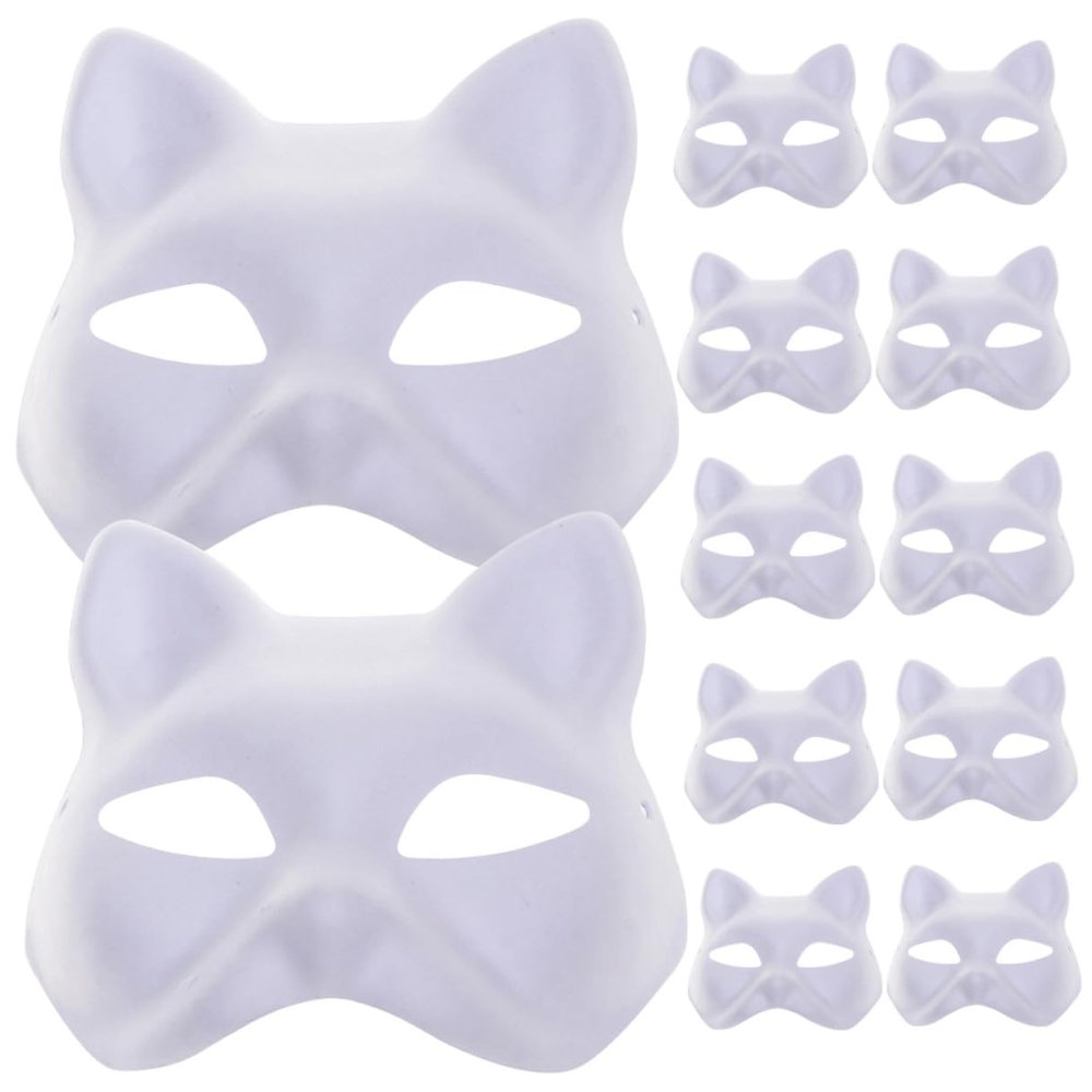 BESPORTBLE 12pcs DIY Paintable Cat Half Masks for Halloween Party Blank Pulp Craft Masks Safe Premium Paper Material Use Masquerade Props for Creative Face Painting and Costume Decoration