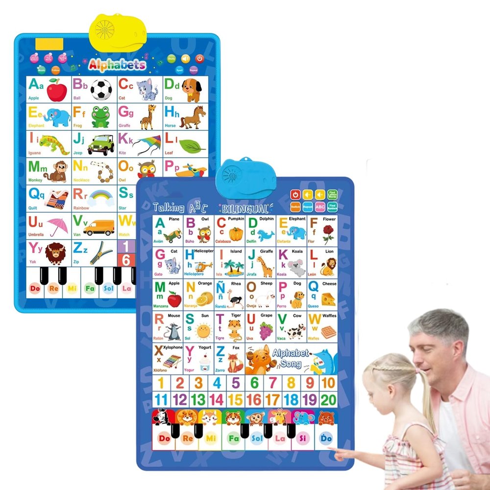 2025 New Talking Wall Chart for Kids English & Spanish Learning Poster with Songs, ABCs, Numbers, Animal Words & Piano (2Pcs, C)