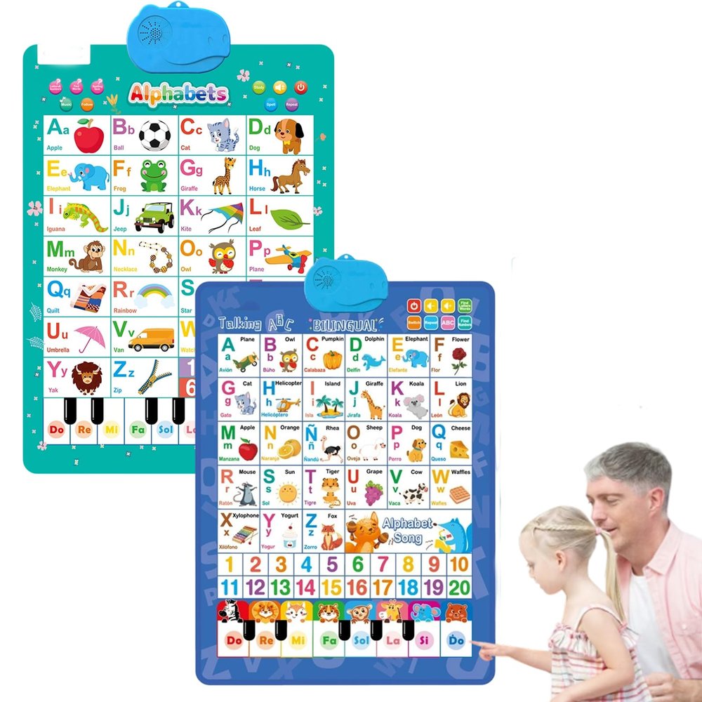 2025 New Talking Wall Chart for Kids  English & Spanish Learning Poster with Songs, ABCs, Numbers, Animal Words & Piano (2Pcs, D)