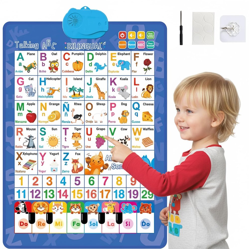 2025 New Talking Wall Chart for Kids  English & Spanish Learning Poster with Songs, ABCs, Numbers, Animal Words & Piano, Toddler Learning Toys, for Toddlers 16 (Blue)