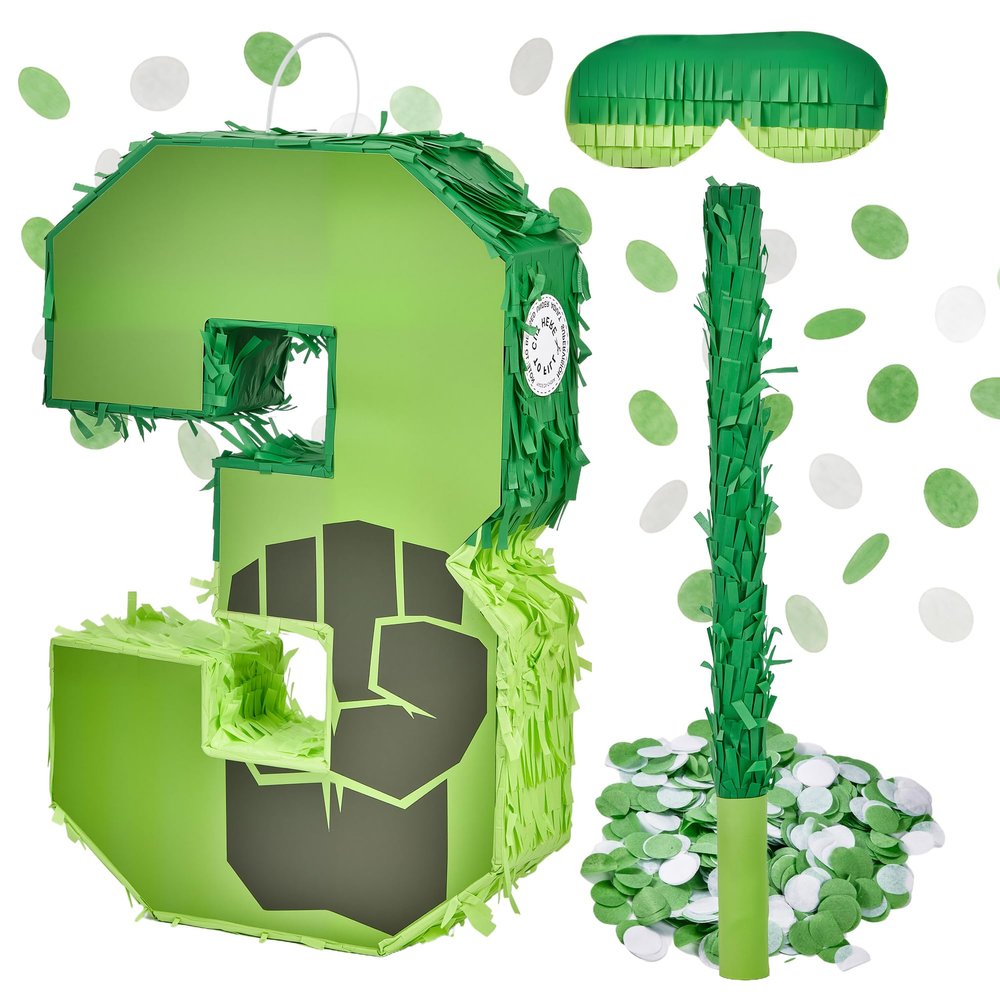 16 Inch Number 3 Green Hero Party Piata for Kids  Birthday Decorations with Stick, Blindfold & Confetti, Fillable Boys & Girls Party Supplies (hlk-A3th)